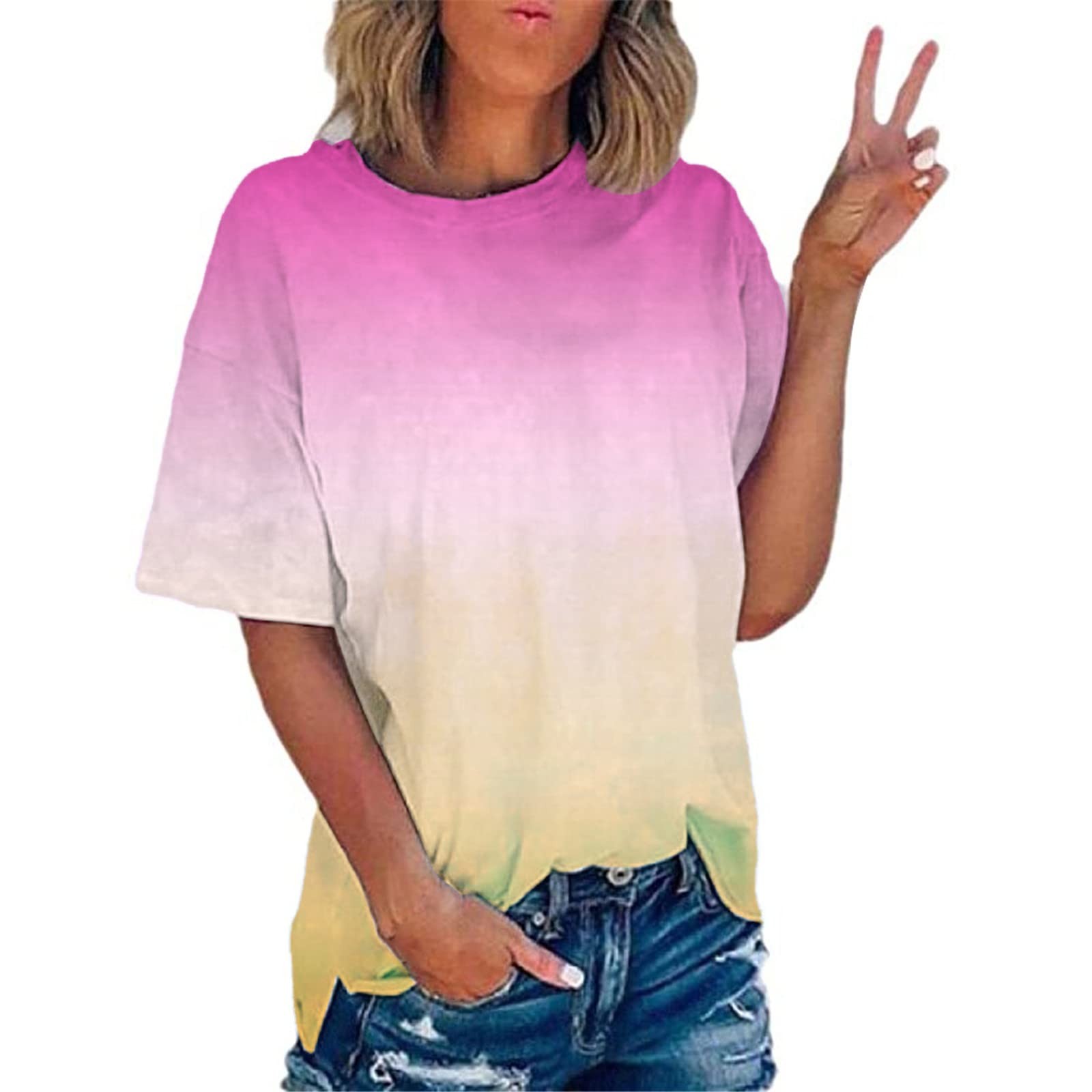 Wiyuqeen Womens Summer Plus Sized Tshirts Casual Drop Shoulder Short Sleeve Shirts Graphic Tees Crew Neck Gradient Blouses Side Slit Loose Tops Female